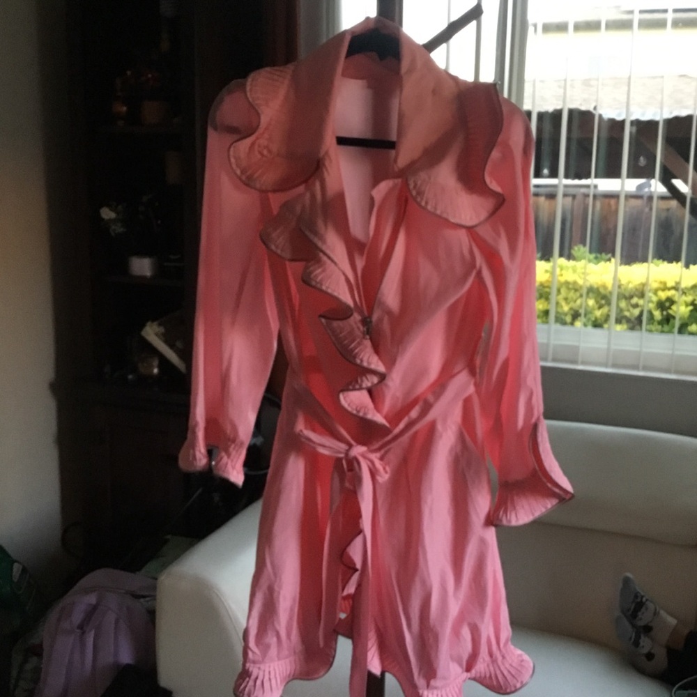 Jenny T Boutique Pink Ruffled Belted Rain jacket large
